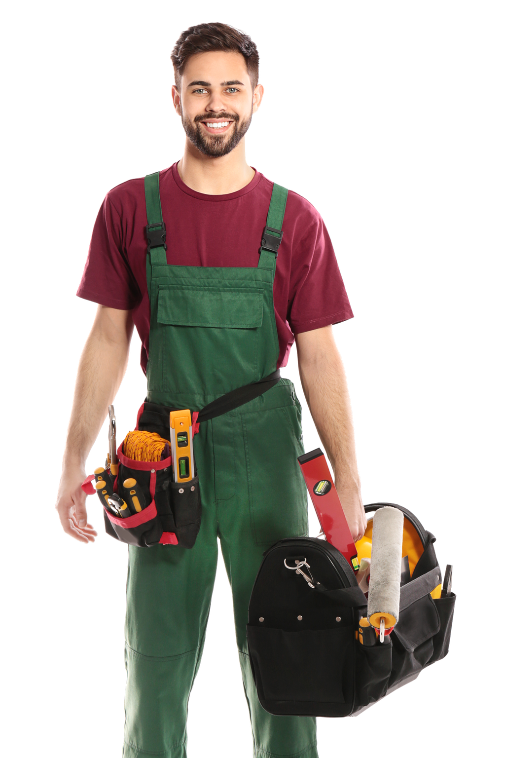 Techniker mit Werkzeugtasche und Werkzeuggürtel – illustratives Stockfoto.