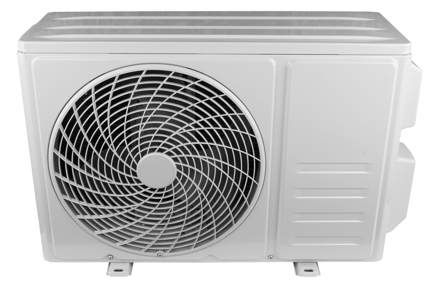 Fotografiertes Außengerät einer Klimaanlage mit Ventilator, freigestellt.